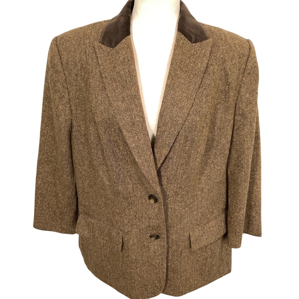 KATE HILL Blazer‎ WOMAN 16W Brown Herringbone 3/4 Sleeve Velvet Silk Wool Jacket
